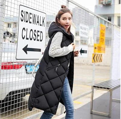 Women's Sleeveless Vest Long Down Padded Jacket Solid Color Hooded Loose Ladies Fashion Casual Warm Winter Jacket Vest Women