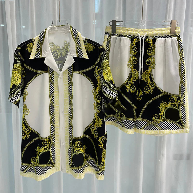 Royal luxury digital printed men's set fashion two-piece shorts set high-quality summer short sleeved shirt Allen Sen Trendy Clo