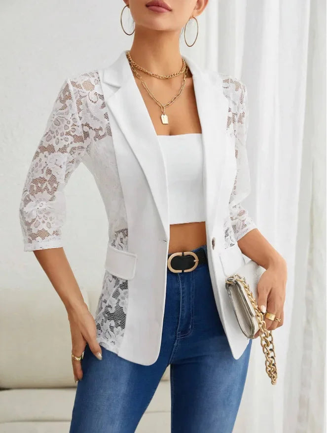 Women's Blazer Autumn 2024 New Lace Patch Single Breasted Flap Detail Y2k Coat Work Office Female Fashion Elegant Daily Jacket
