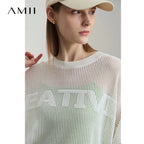 Amii Minimalist Women's Hollowed-out Knitted Pullover 2025 Summer New Half-sleeve Crew Neck Loose Blouse Thin Solid Top 12542139