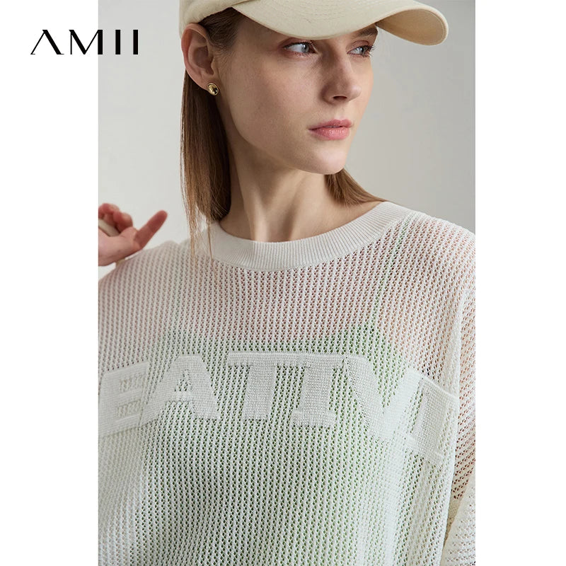 Amii Minimalist Women's Hollowed-out Knitted Pullover 2025 Summer New Half-sleeve Crew Neck Loose Blouse Thin Solid Top 12542139
