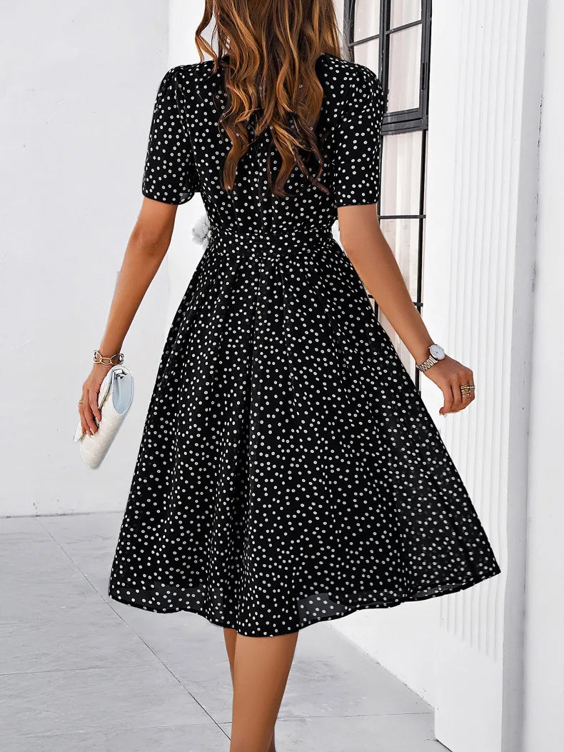 Casual Loose Printed Dot Short Dresses For Women 2025 Fashion Summer Women's A-Line Midi Dress Elegant Vintage Female Dresses