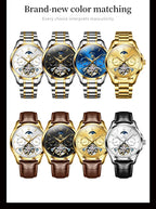 OLEVS 6663 Mens Watch Original Mechanical Watch Tourbillon Waterproof Luminous Leather Strap Moon Phase Day-Date Watch With Box