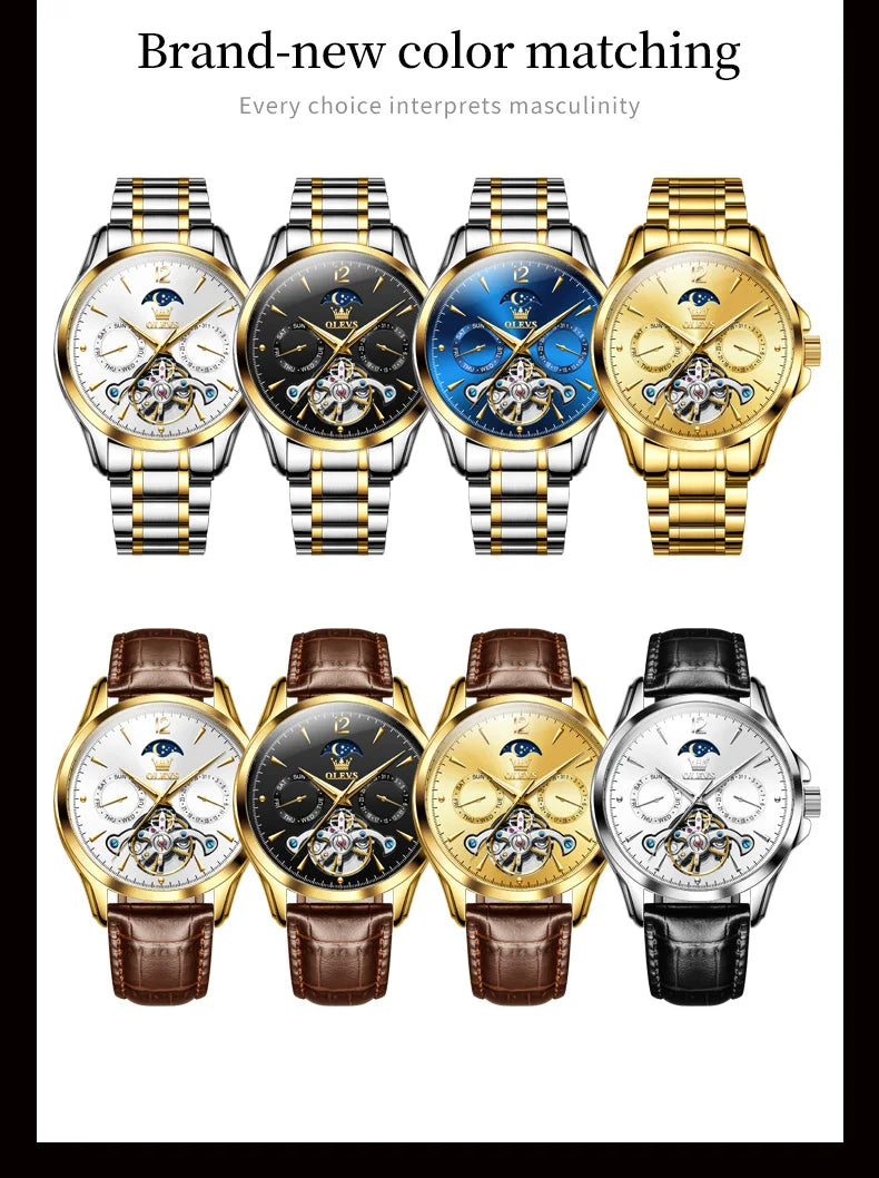 OLEVS 6663 Mens Watch Original Mechanical Watch Tourbillon Waterproof Luminous Leather Strap Moon Phase Day-Date Watch With Box