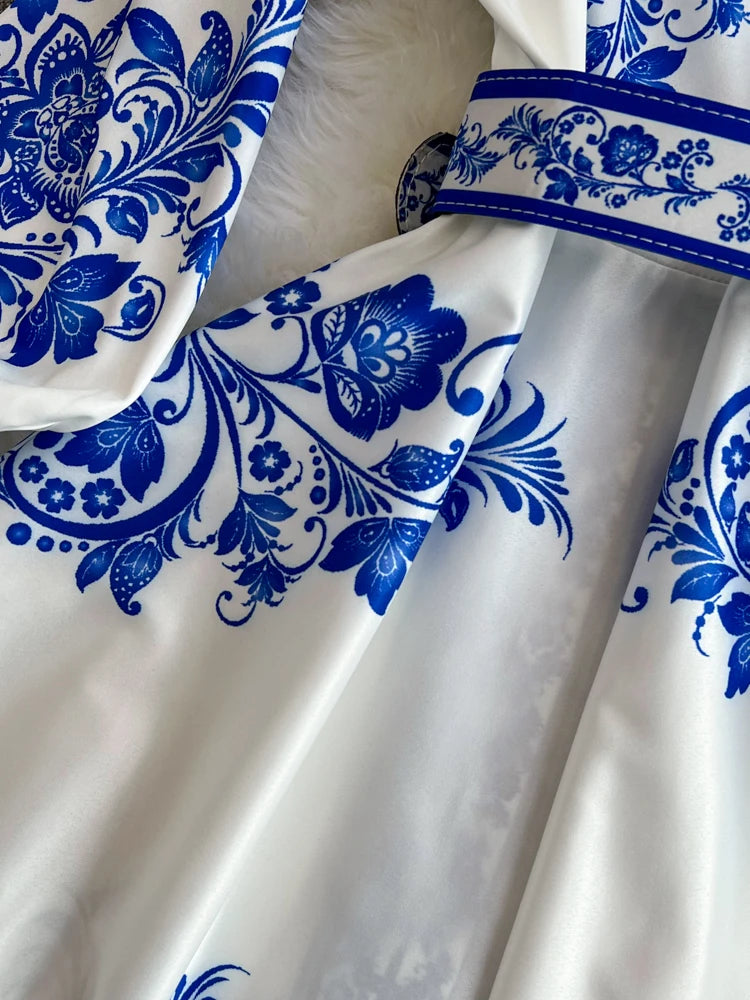 Spring Maxi Belt Dresses for Women Chic Vintage Printing Robe Femme Stand Neck Tunic Lantern Sleeve Dress 2024 Vestidos De Mujer
