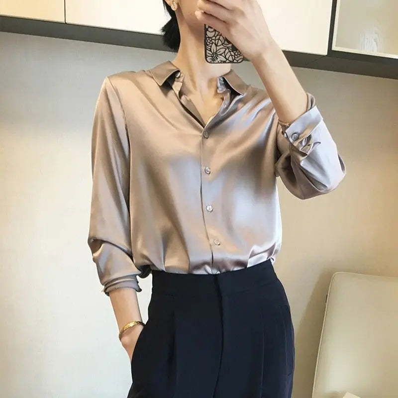 Comfortable Turn-down Collar All Seasons Women's Clothing 2023 Chiffon Trend All-match Korean Solid Color Long Sleeved Blouses