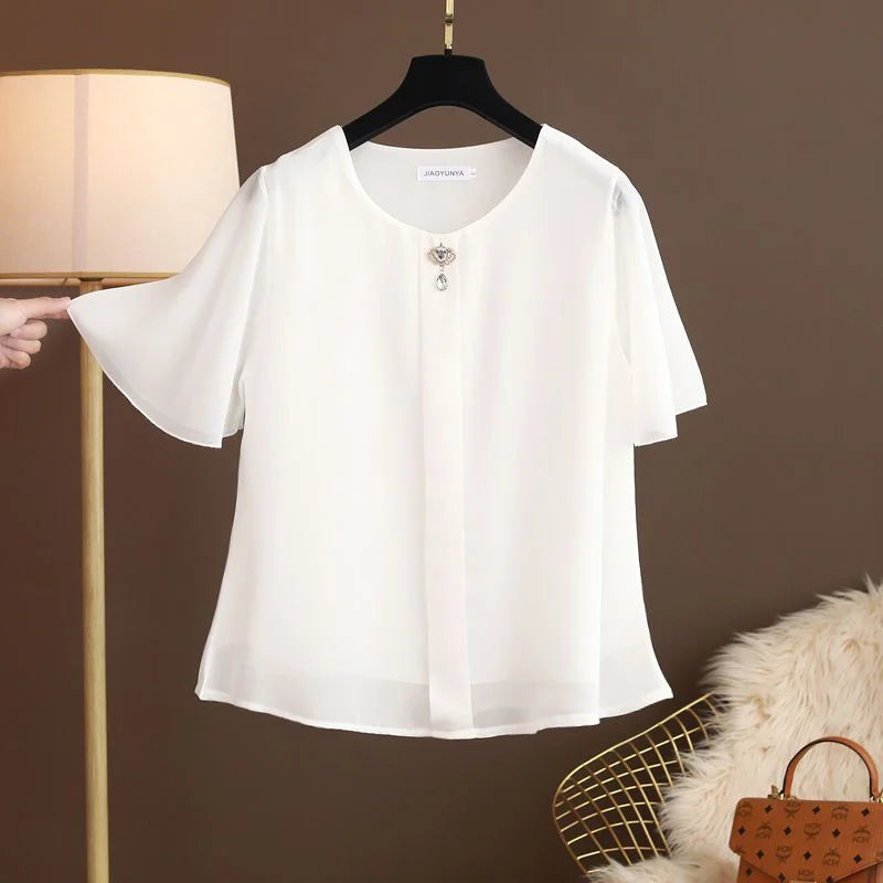 Women Blouse And Tops Summer Short Sleeve Chiffon T-shirt Middle Age Female Fashion Pullover Tshirts Shirts Large Size L-6XL