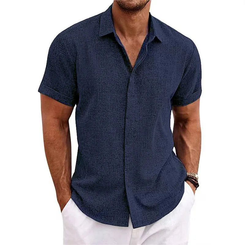 Men Cotton Linen Hot Sale Men's Short-Sleeved Shirts Summer Solid Color Turn-down Collar Casual Beach Style Plus Size Tops