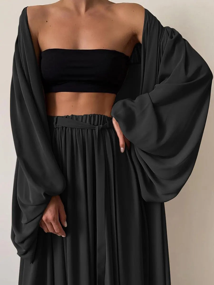Spring Summer Women's 3pcs Suit Sexy Puff Sleeve Jacket Ladies Temperamental Commute Wide Leg Trousers Fashion Sets 2025 New
