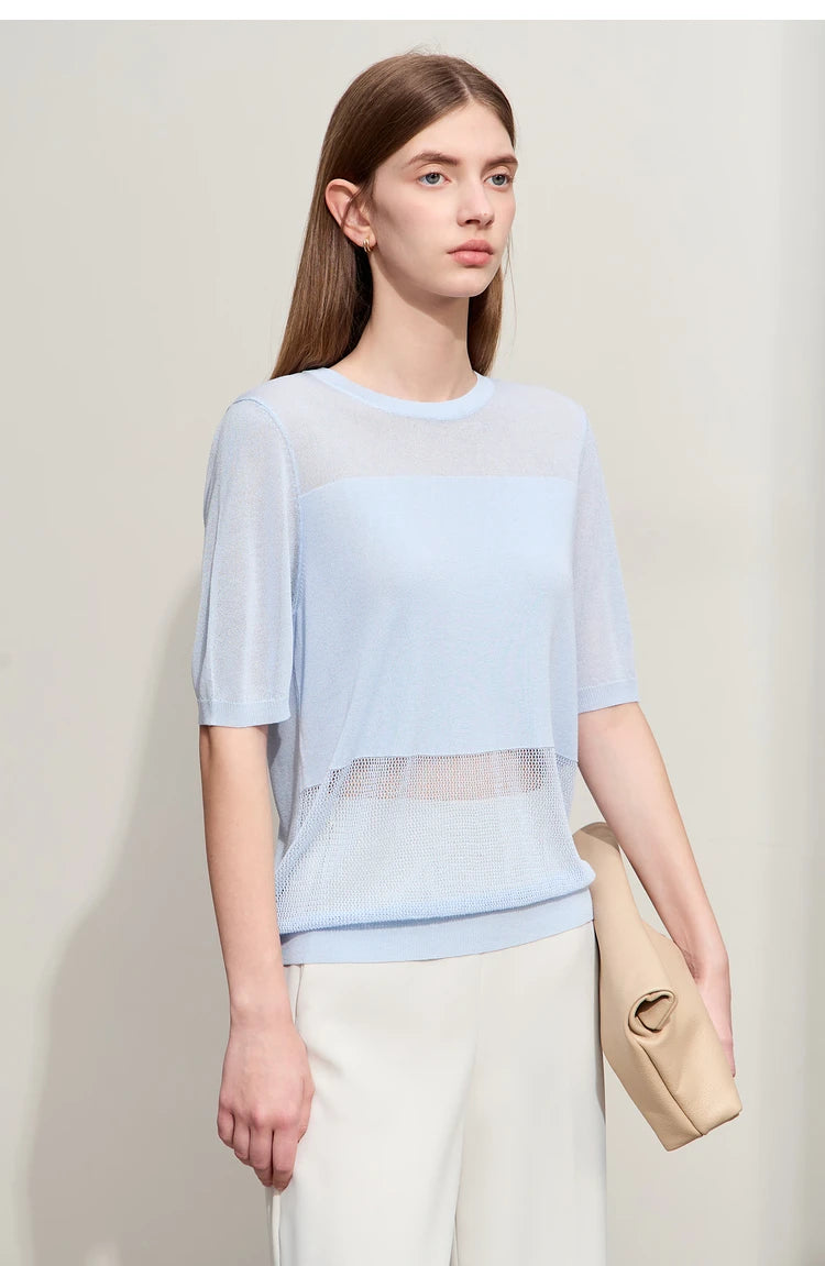 Amii Minimalism 2024 Knit Sweater Women Summer New Solid O-Neck Loose Short-sleeved Wool Casual Patchwork Chic Tops 12422028