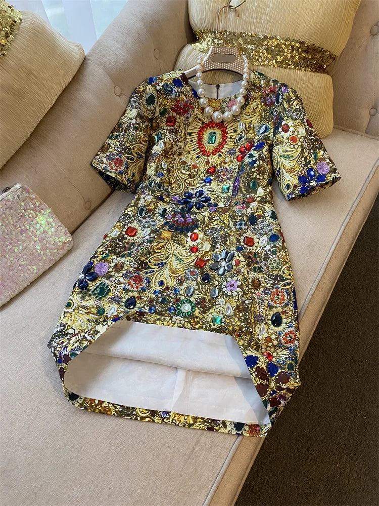 European Fashion Retro Exquisite Rhinestone Beaded Luxury Dress Women 2024 Autumn Trendy High Sense High-End Above Knee Dress
