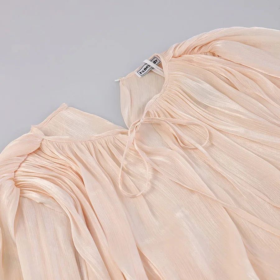 Pleated Mini Dress Women New Fashion Puff Sleeve Elegant V-neck High Waist Evening Party Dresses Lady Holiday Beach Vestidos