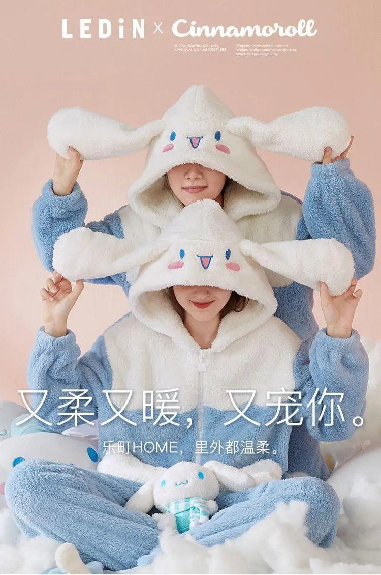 Cinnamoroll Women's Plush Pajamas Suit Sanrioed Kawaii Autumn Winter Hooded Home Clothes Cute Girl Thickened Cute Cartoon Sweet