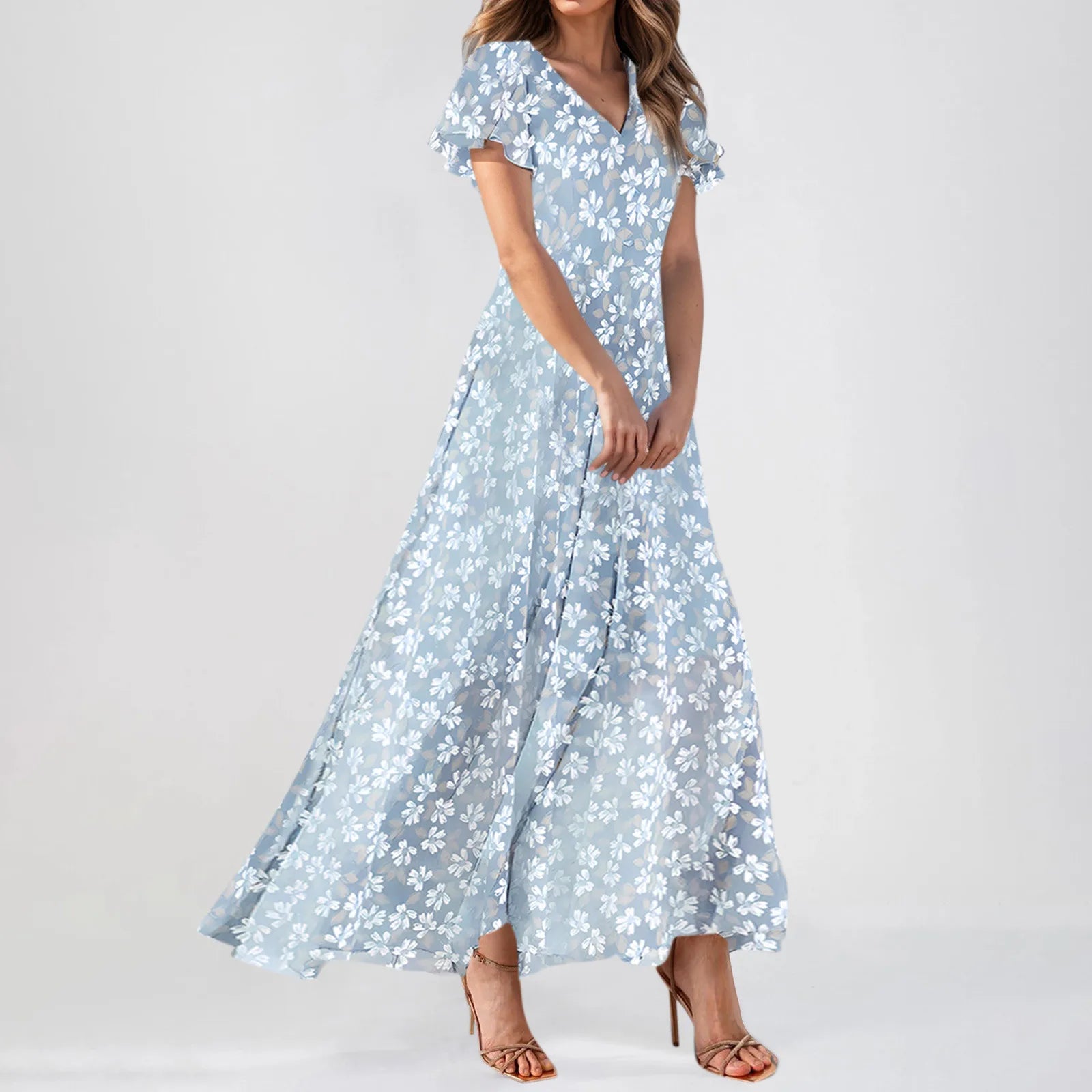 Women V-neck Ruffle Short Sleeve Maxi Dress Waist Tight High-waist Hem Sweet Floral Print Elegant Dress Female Clothing Vestidos