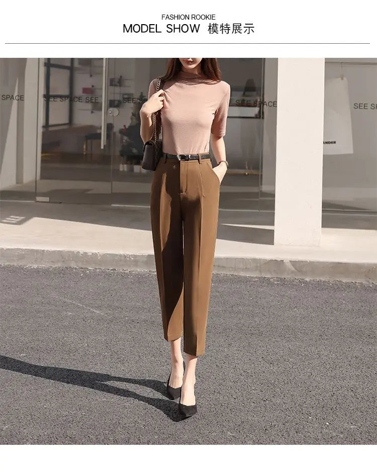 Office Lady Fashion Coffee Harlan Suit Pants Spring Summer Thin Women Koreon Women High Waist Casual Slim Cropped Trousers 2023