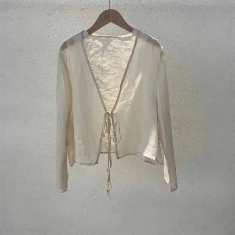 Johnature Original Vintage Chinese Style Linen Frenulum Shirt 2024 Summer Woman New V-Neck Long Sleeves Design Casual Shirt