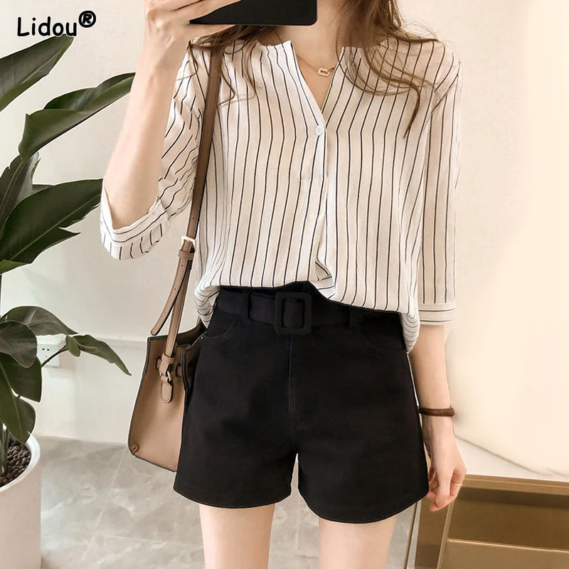 Office Lady Women's Clothing Fashion Casual Striped Loose Three Quarter Sleeve Summer Thin Simplicity Round Neck Button Blouses