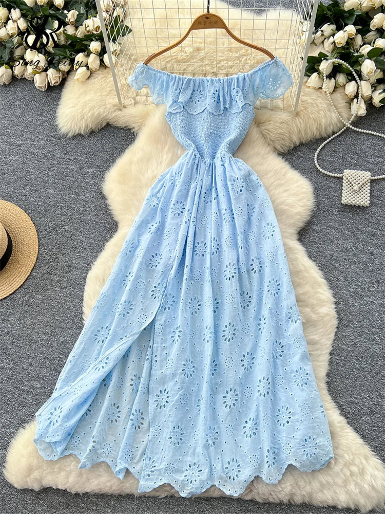 SINGREINY Chic Embroidery Hollow Out Dress Ruffles Splice Off Shoulder Elastic Ruched Slim 2025 Solid Gentle Vacation Long Dress