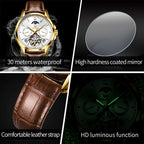 OLEVS 6663 Mens Watch Original Mechanical Watch Tourbillon Waterproof Luminous Leather Strap Moon Phase Day-Date Watch With Box