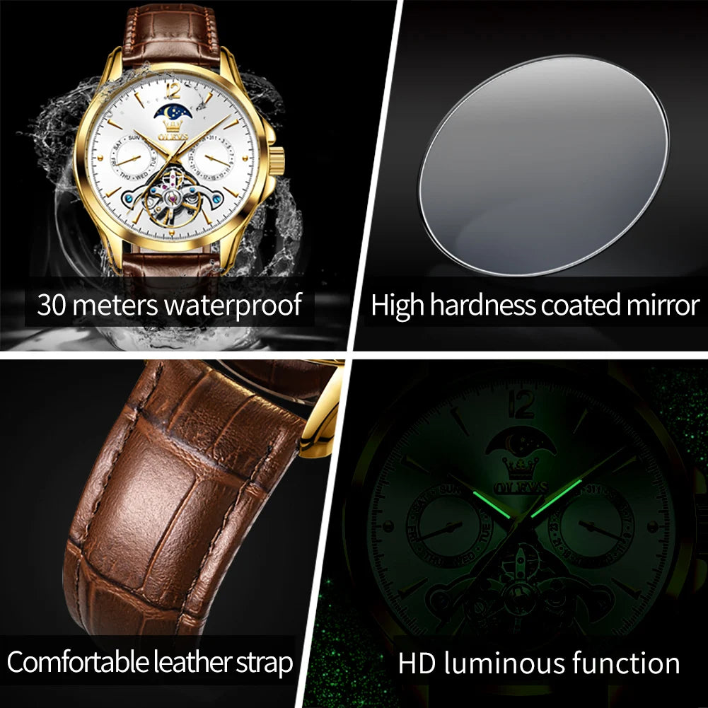 OLEVS 6663 Mens Watch Original Mechanical Watch Tourbillon Waterproof Luminous Leather Strap Moon Phase Day-Date Watch With Box