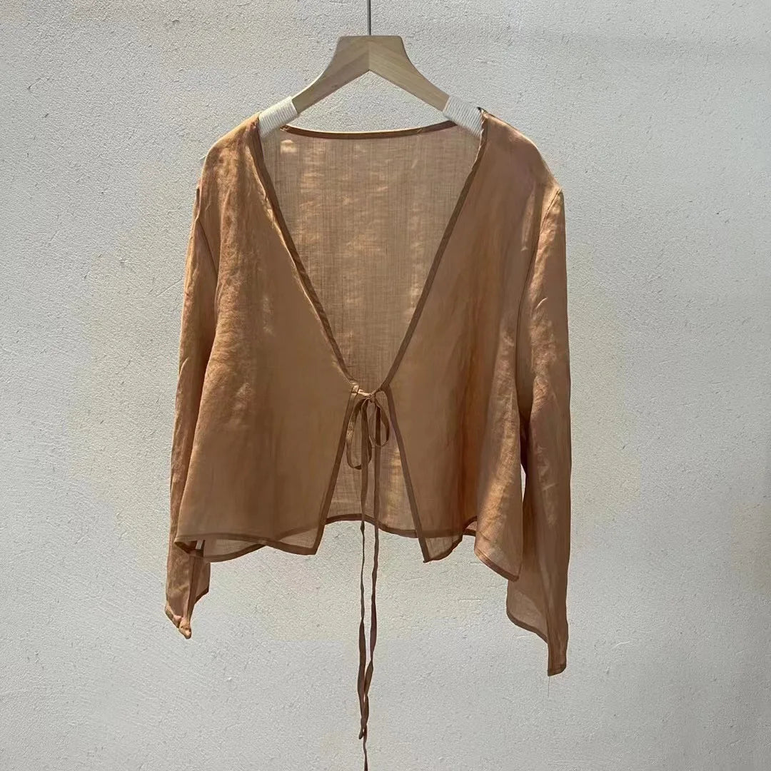 Johnature Original Vintage Chinese Style Linen Frenulum Shirt 2024 Summer Woman New V-Neck Long Sleeves Design Casual Shirt