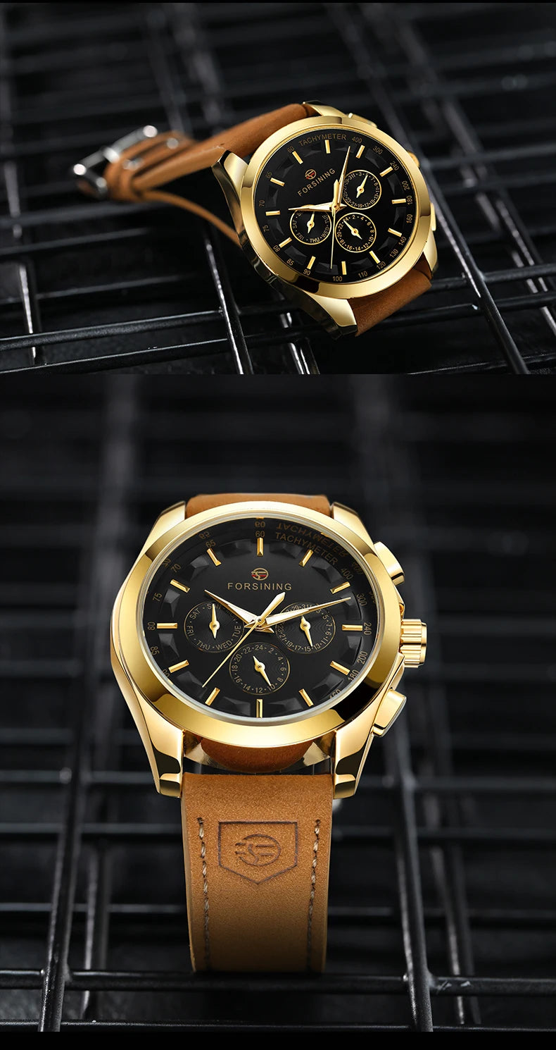 FORSINING Men Watches Automatic Mechanical Watch Luxury Gold Clock Genuine Leather Waterproof Watch Men Military Wristwatch Man
