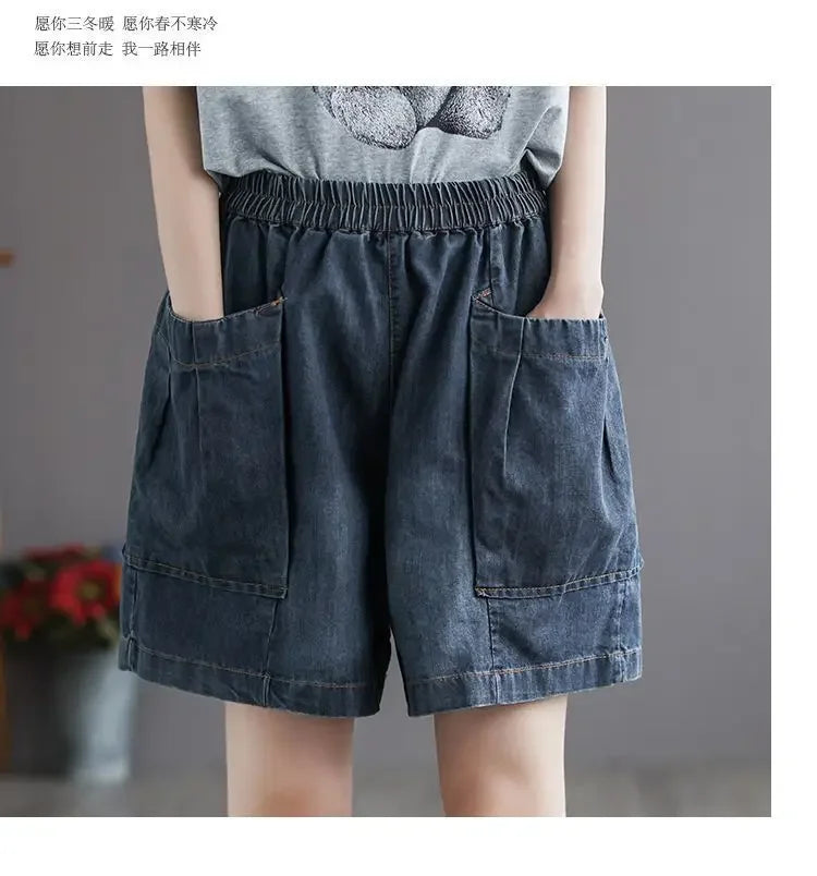 Vintage Jeans Shorts Women Summer Floral Embroidery Elastic High Waist Denim Shorts Design Wide Leg Trousers Blue Black Shorts