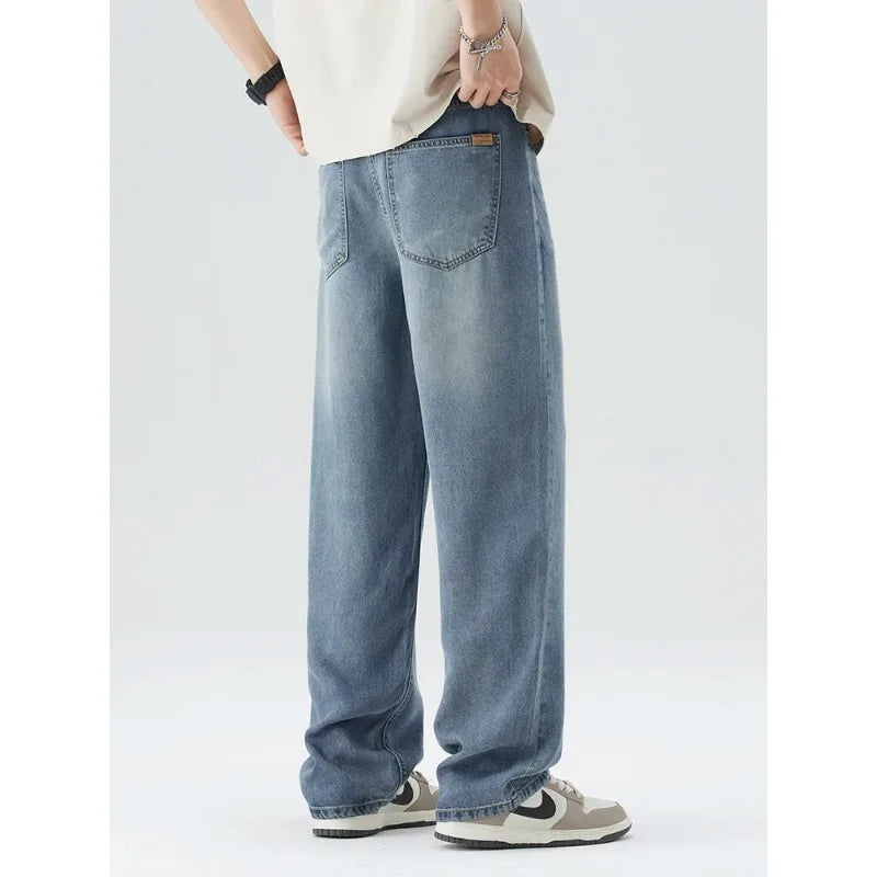 Spring Summer Thin Men's Loose Jeans Lyocell Draped Soft Fashion Loose Pants Streetswear Vintage Straight Y2K Denim Trousers