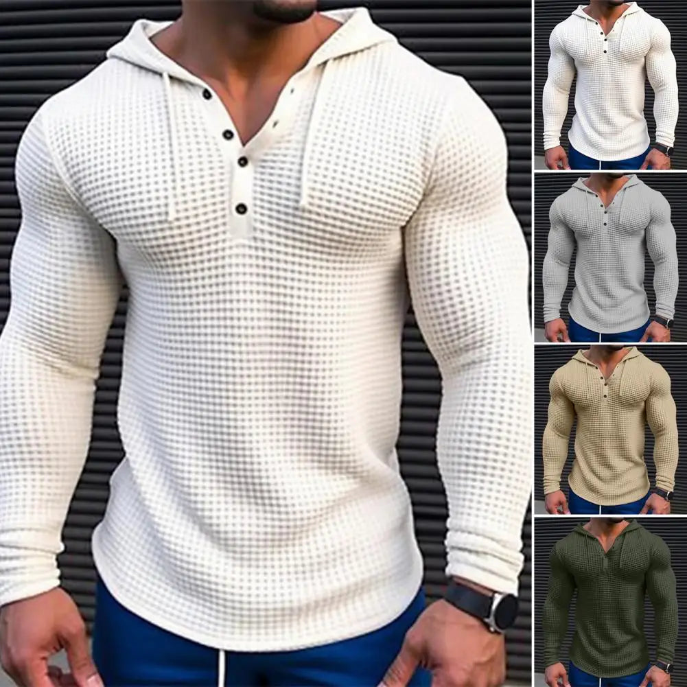 Spring Solid Color Slim Fit Long Sleeved T-shirt, Men's Hooded Breathable Sports Top, Waffle Cotton Casual Long Sleeved Shirt