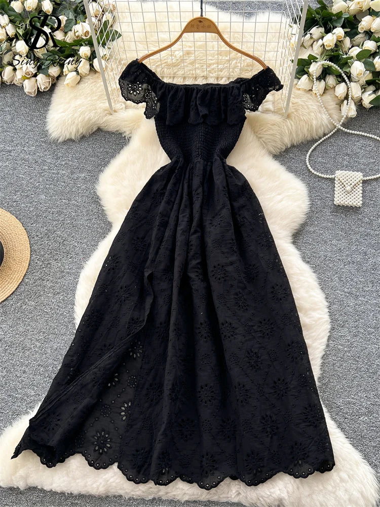 SINGREINY Chic Embroidery Hollow Out Dress Ruffles Splice Off Shoulder Elastic Ruched Slim 2025 Solid Gentle Vacation Long Dress