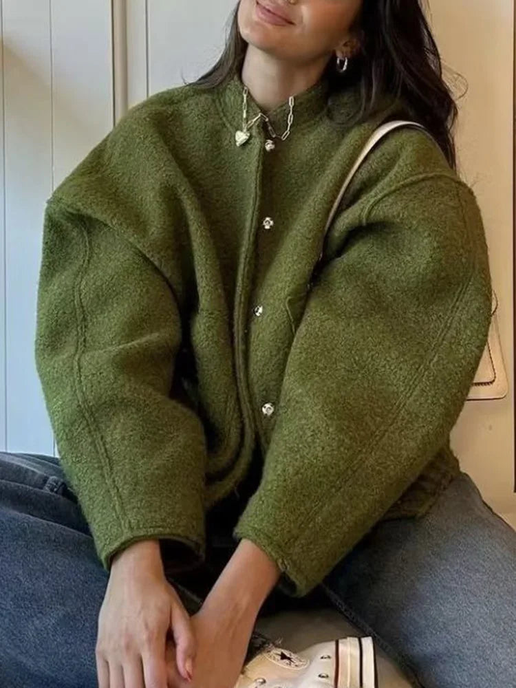 MiuKoMiYa Army Green Short Wool Blend Bomber Jackets For Women Winter Outdoor Women's Woolen Blend Coat Women Loose Wool Jacket