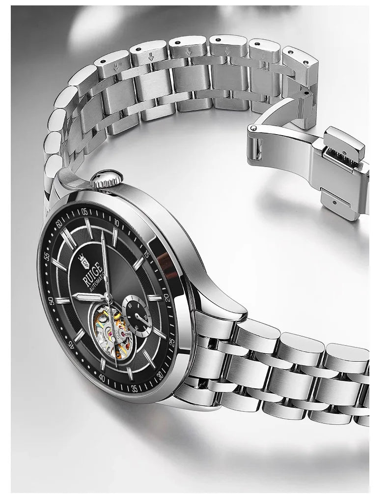 RUIGE High Quality Hollow Mechanical Movement Men's Watch Stainless Steel Fashion Men's Night Light Waterproof Watch