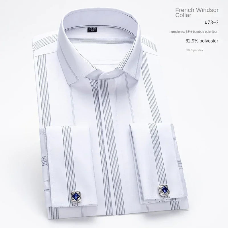 2024 Niche Chic Double Folded Sleeve Windsor Collar  Business Long-sleeved Shirt Men's High-grade  Dress random French Cufflinks