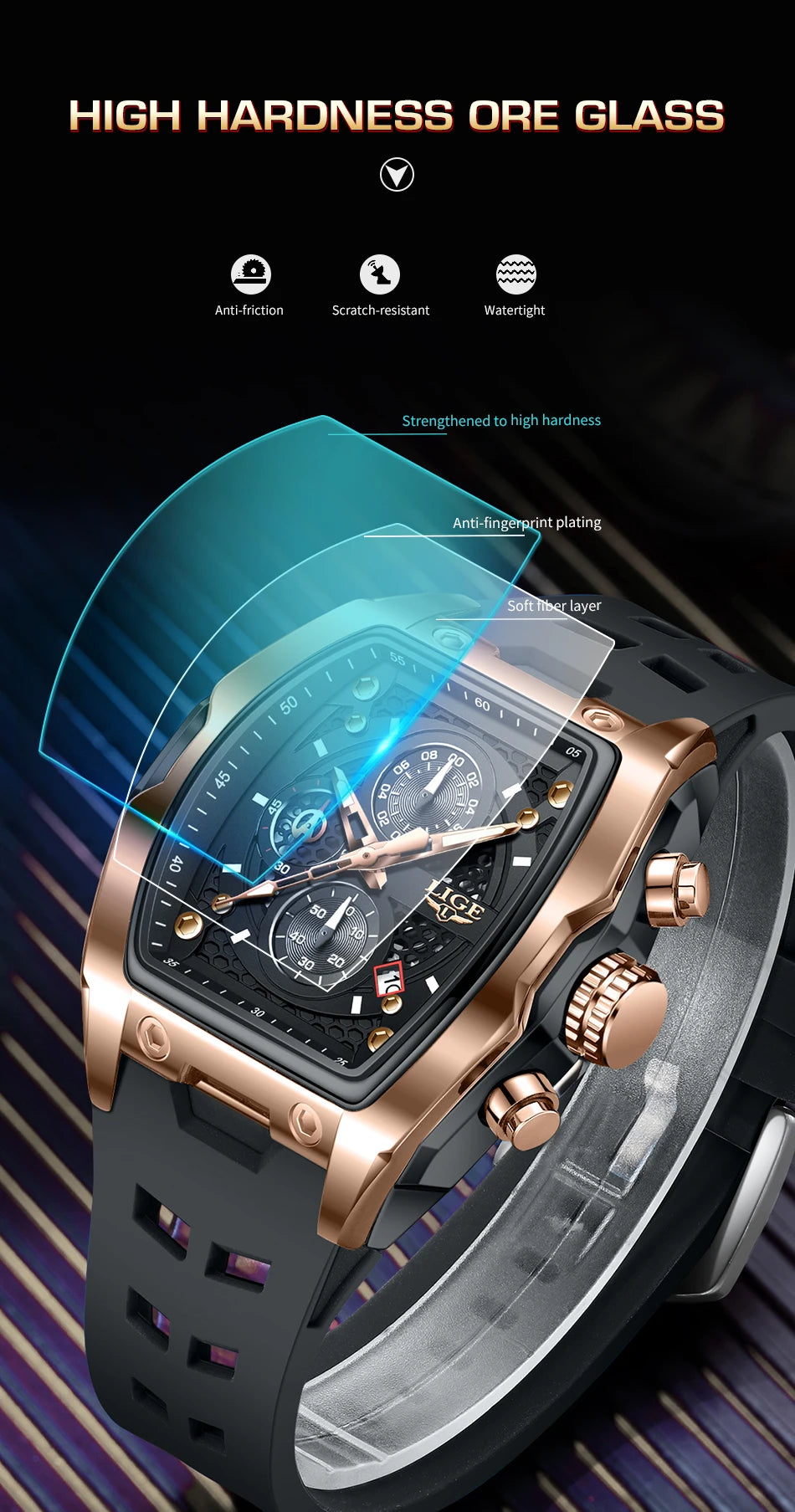 LIGE Quartz Mens Watches Fashion Business Military Wrist Watch For Men Silicone Sport Waterproof Chronograph Square Watch Men