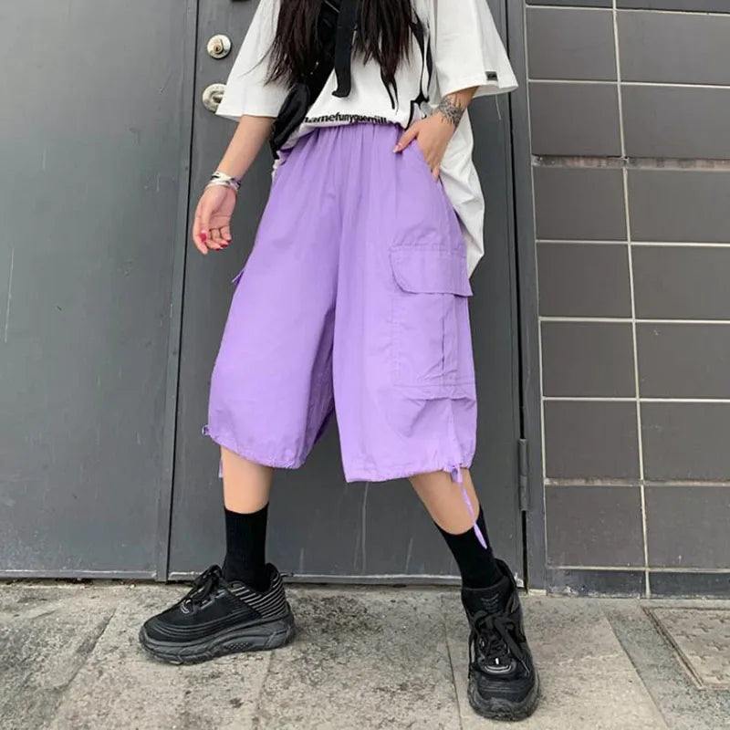 Zoki Streetwear Harajuku Oversize Bf Cargo Shorts Hip Hop Fashion High Waist Women Big Pockets Casual Shorts Summer Loose Shorts