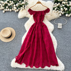 SINGREINY Chic Embroidery Hollow Out Dress Ruffles Splice Off Shoulder Elastic Ruched Slim 2025 Solid Gentle Vacation Long Dress