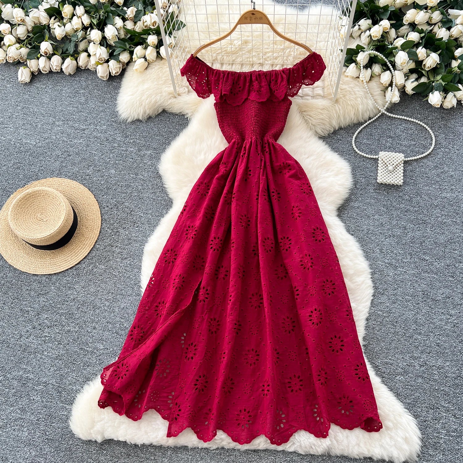 SINGREINY Chic Embroidery Hollow Out Dress Ruffles Splice Off Shoulder Elastic Ruched Slim 2025 Solid Gentle Vacation Long Dress
