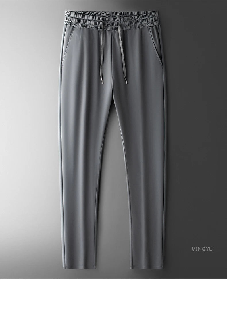 Summer High Stretch Smooth Ice Silk Casual Pants Man Thin Soft Elastic Waist Korean Grey Sweatpants Sports Jogging Trousers Male
