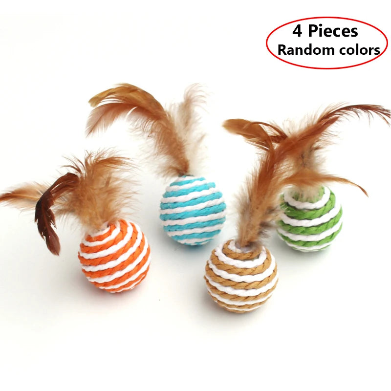4Pieces Colorful Sisal Interactive Ball Cat Toy Pet Supplies Feather Cat Training Catcher Cat Accessories Random Color Toy Ball