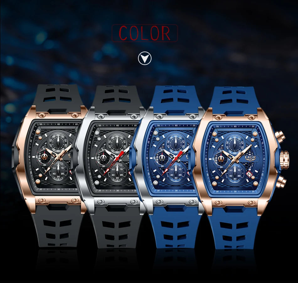 LIGE Quartz Mens Watches Fashion Business Military Wrist Watch For Men Silicone Sport Waterproof Chronograph Square Watch Men