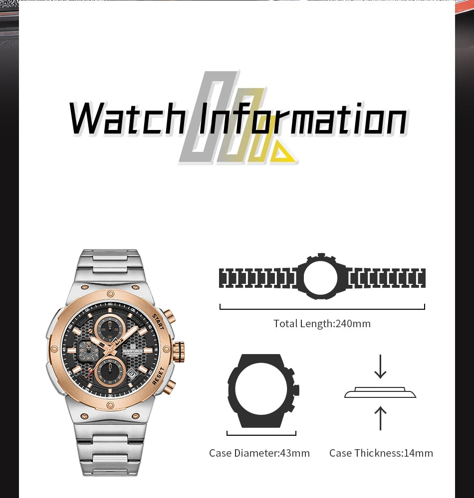 NAVIFORCE Man Quartz Top Brand Watch Luxury Luminous Chronograph Wristwatch Stainless Steel Waterproof Men Date Calendar Clock