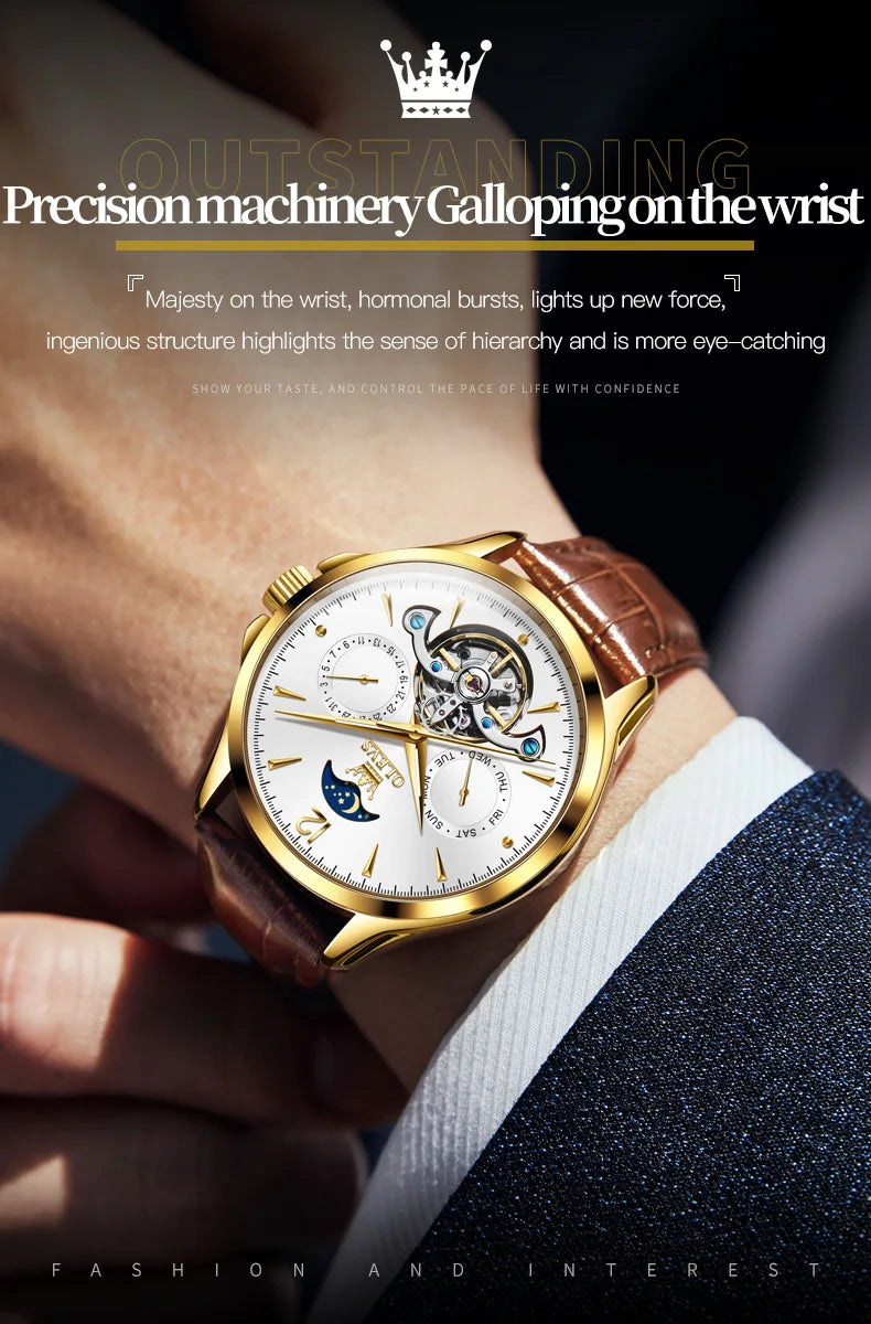 OLEVS 6663 Mens Watch Original Mechanical Watch Tourbillon Waterproof Luminous Leather Strap Moon Phase Day-Date Watch With Box