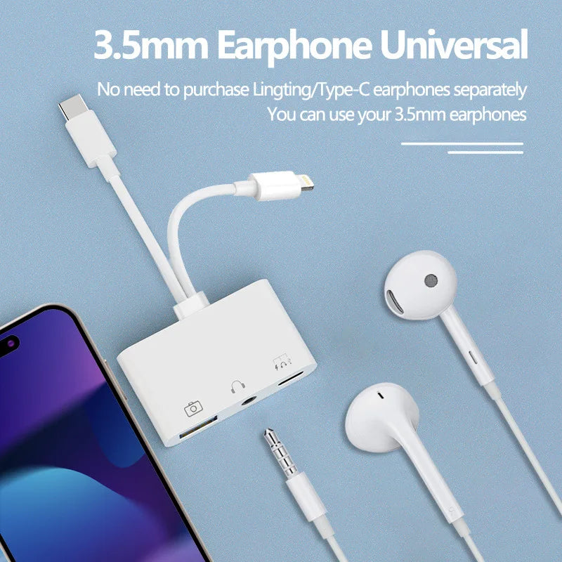 Byscoon Lightning/Type C to USB 3.0 /3.5mm/Type C OTG Adapter 3.5mm Audio Jack Splitter for iPhone14/13/12/iPad with Charging