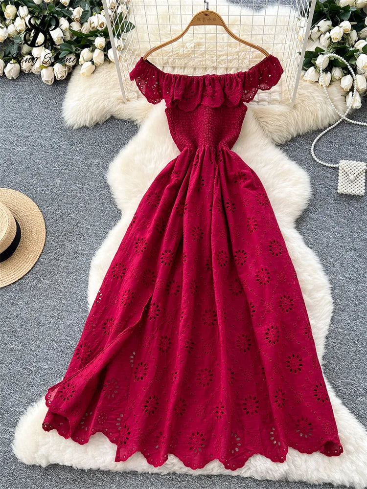 SINGREINY Chic Embroidery Hollow Out Dress Ruffles Splice Off Shoulder Elastic Ruched Slim 2025 Solid Gentle Vacation Long Dress