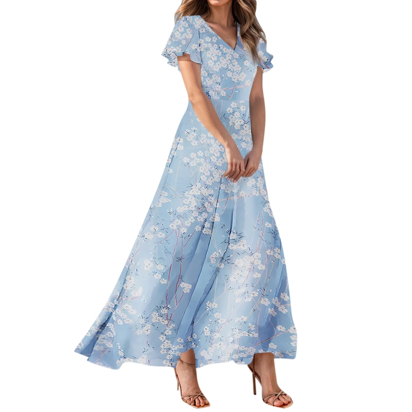Women V-neck Ruffle Short Sleeve Maxi Dress Waist Tight High-waist Hem Sweet Floral Print Elegant Dress Female Clothing Vestidos