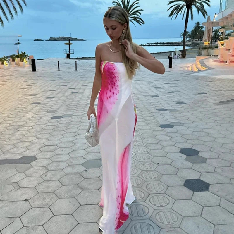 BIIKPIIK Vacation Mesh Semi-perspective Long Dress Sexy Floral Printed Strapless Party Dress Elegant Women Slim Fit Maxi Dresses