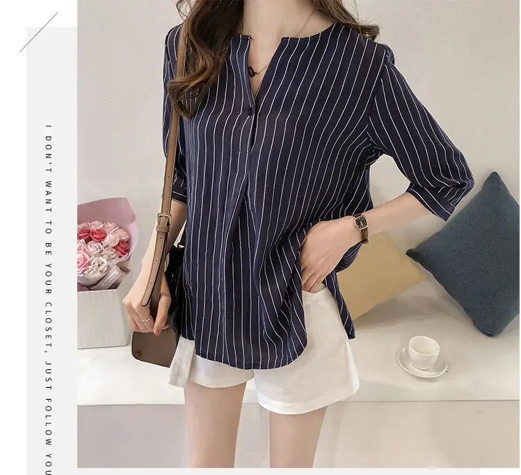 Office Lady Women's Clothing Fashion Casual Striped Loose Three Quarter Sleeve Summer Thin Simplicity Round Neck Button Blouses