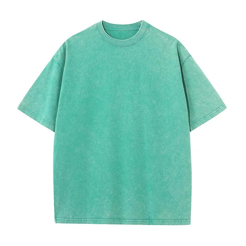2025 summer European code wash heavy short sleeve T-shirt for young men pure cotton solid color loose retro round neck half slee