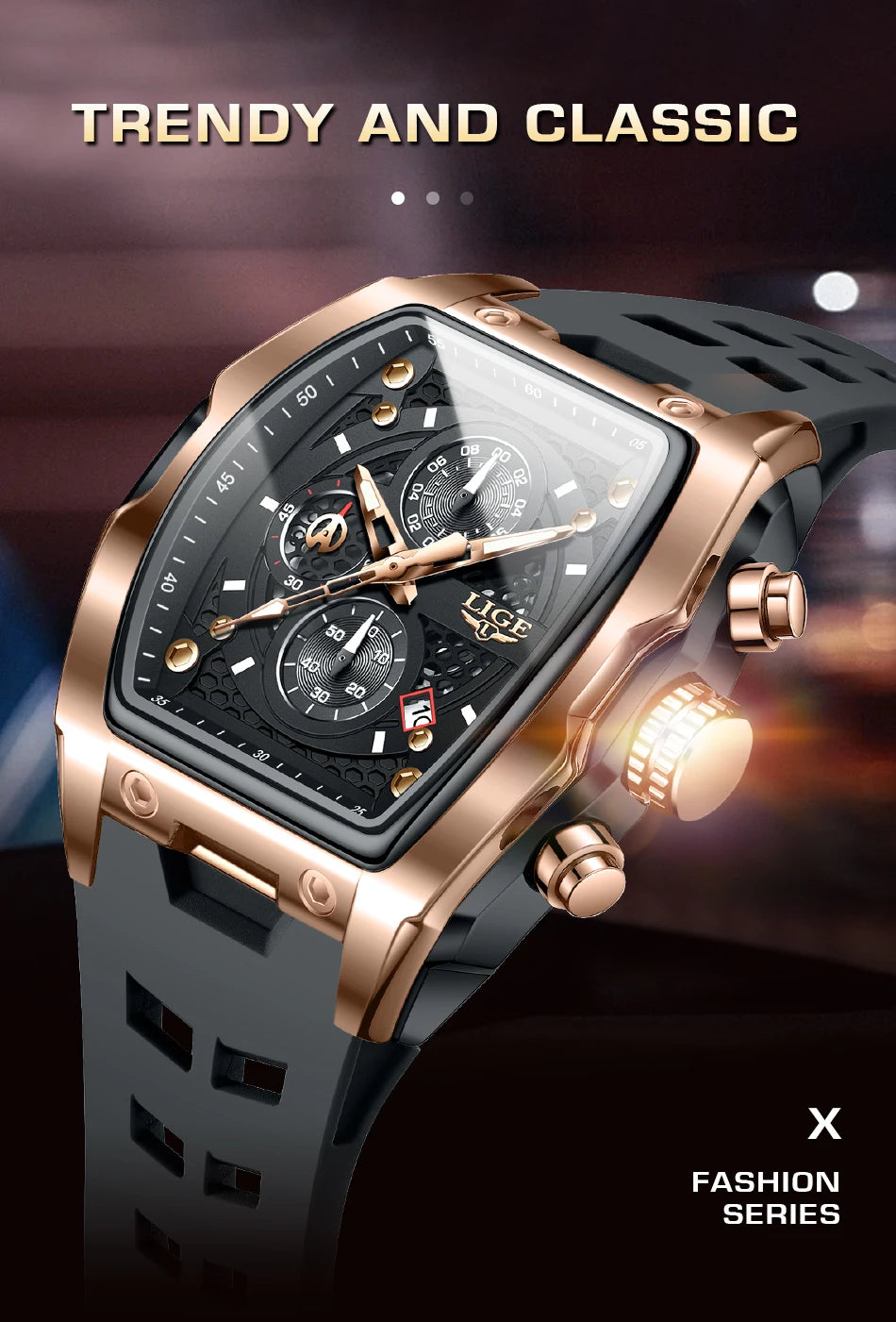 LIGE Quartz Mens Watches Fashion Business Military Wrist Watch For Men Silicone Sport Waterproof Chronograph Square Watch Men