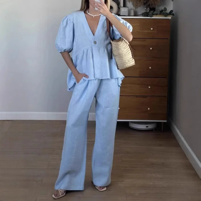 Summer Casual Cotton 2 Piece Set Women Outfit Deep V Neck Short Puff Sleeve Pullover Top Long Trousers Loose Lady Two Piece Suit